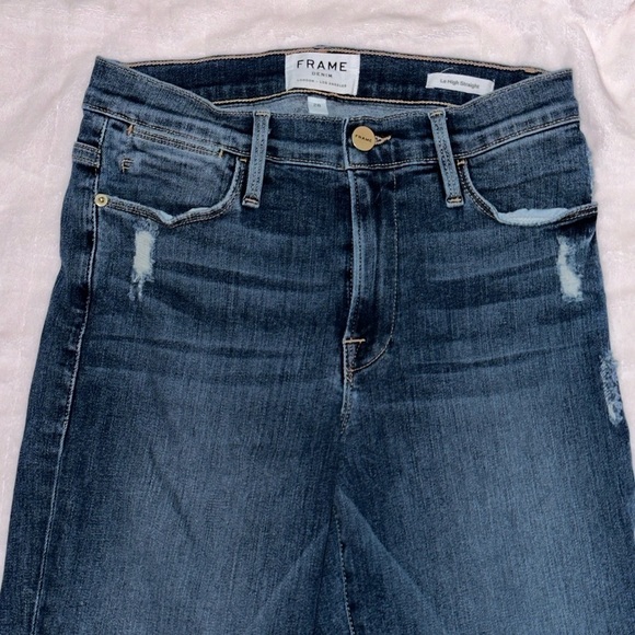 Frame Le High Straight Raw Shark Bite Hem Distressed Fading Whiskering Stretchy - Picture 2 of 8